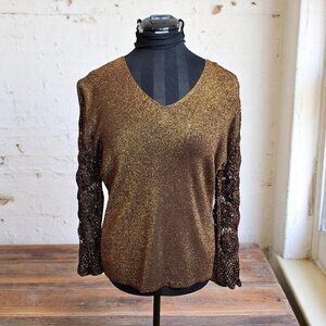 Vintage Joseph A. Metallic Gold Knit Top – Crochet Sleeves | Made in Hong Kong